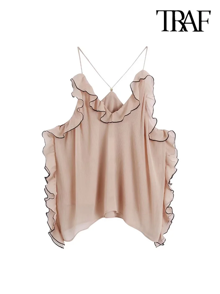 

TRAF Women Fashion Contrast Ruffle Shirts Vintage V Neck Thin Straps Female Blouses Blusas Chic Tops