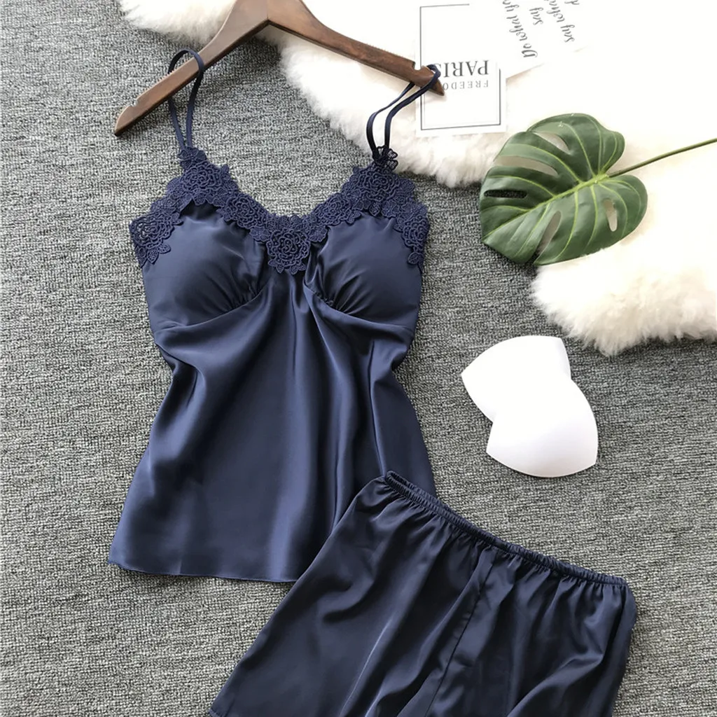 

Sexy Women Sleepwear Womens Sexy Satin Sling Sleepwear Lingerie Lace Nightdress Underwear Set Women Sleep wear Pijamas *S