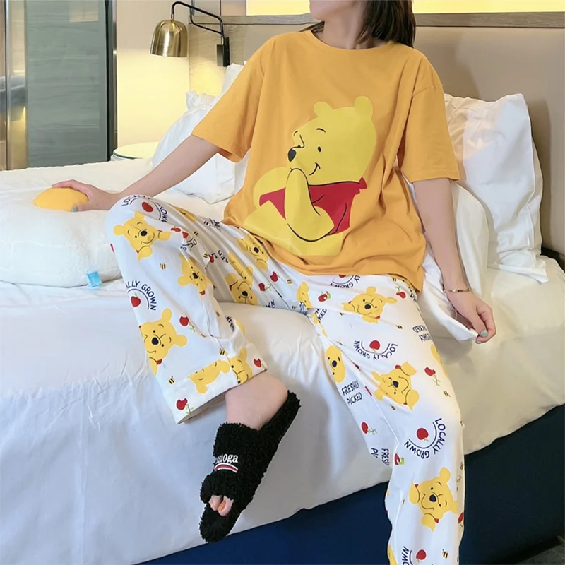 Disney Cartoon Winnie the Pooh Women Pajams Set Cute Kawaii Short Sleeve Top and Pants for Ladies 2 Pieces Pajamas Woman Summer