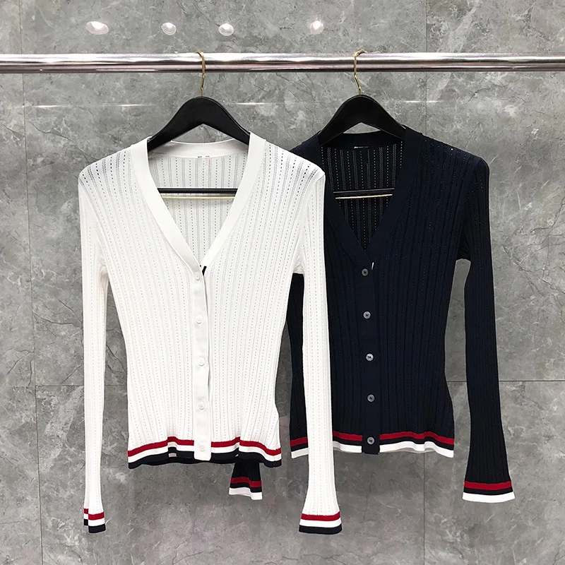 Summer Sweater TB Fashion THOM Brand Women's Sweaters Fine Mesh RWB Stripe Waist Cardigan For Women Slim Thin Coats