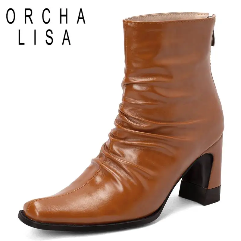 

ORCHA LISA Ladies Short Booties Square Toe Block Heels 8cm Zipper Pleated Big Size 43 44 45 Solid Concise Daily Shoes For Woman