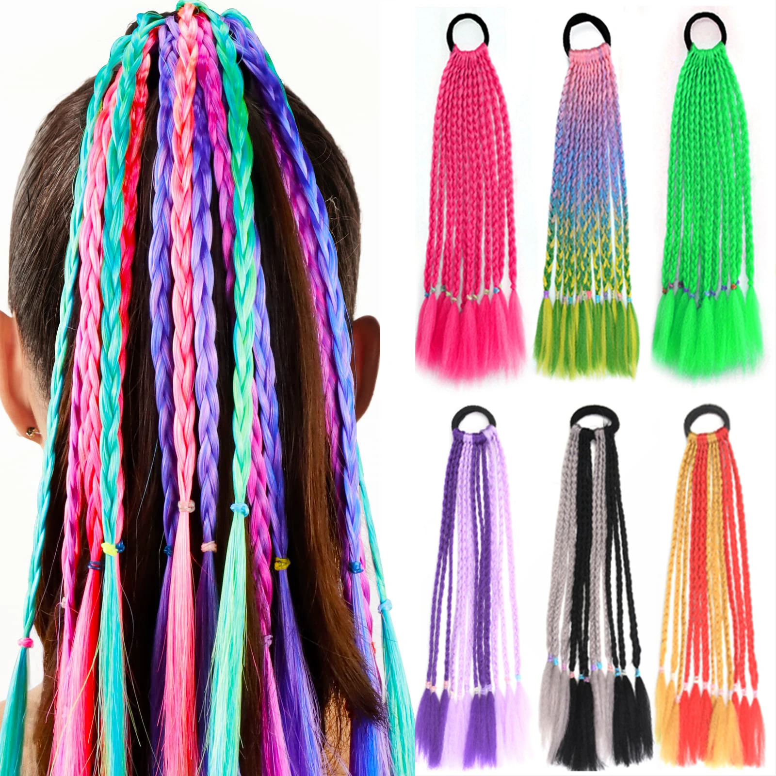 Braided Ponytail For Girls Hair Elastic Rubber Band 24inch Kids Box Pigtail Pony Tail Hair Extensions