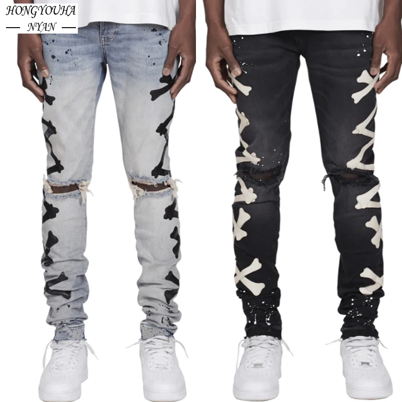 Fashion Skeleton Jeans For Men Print Party Skull Pants Mens Jeans Designer Elastic Skinny Homme Men's Clothing Biker Denim Pant