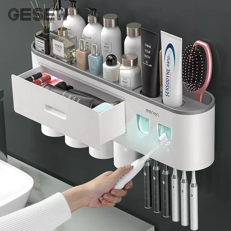 

NEW2023 Toothbrush Holder For Bathroom Multifunctional Toothbrush Holder With Toothpaste Squeezer Home Bathroom Accessories Set