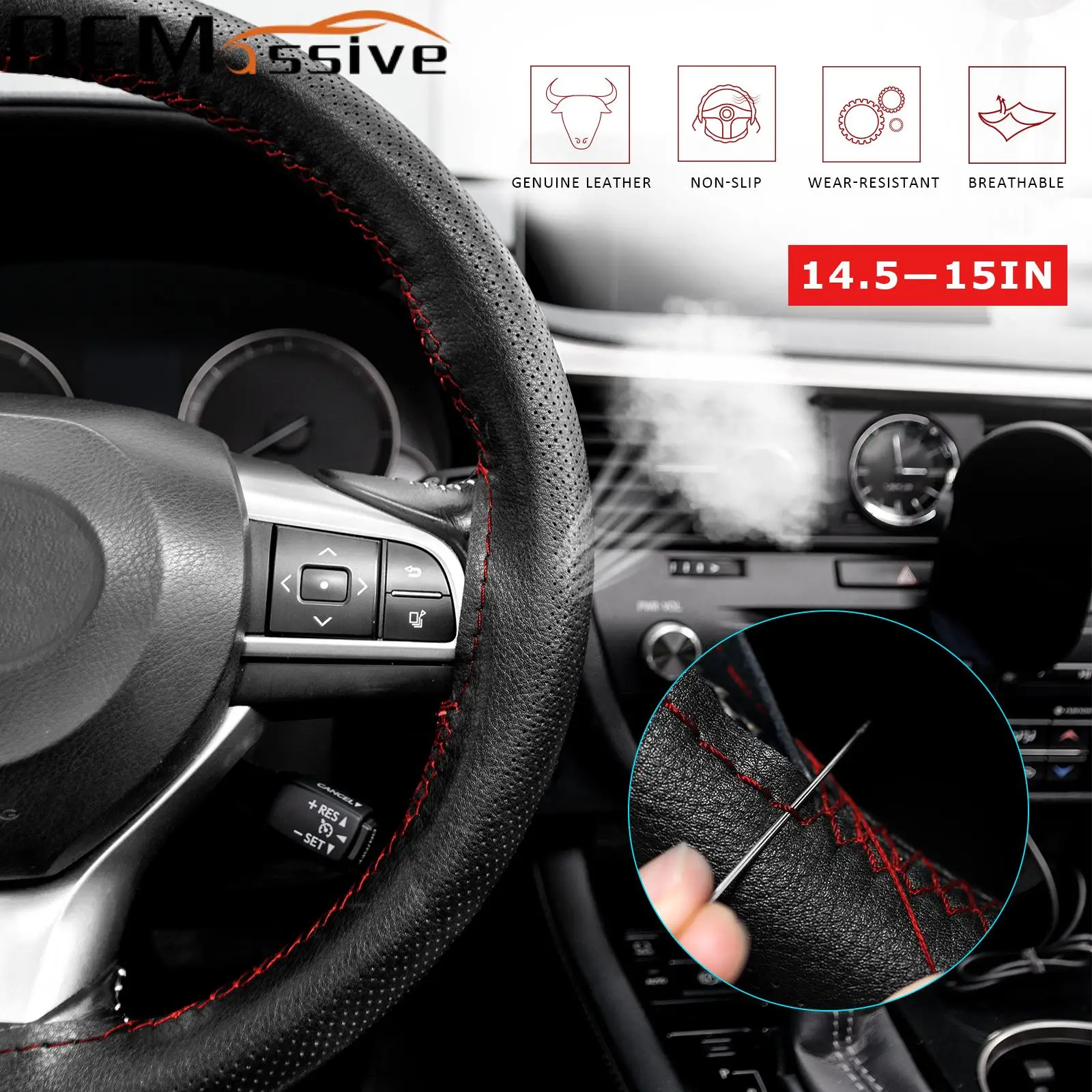 

15" Universal Car Steering Wheel Cover Black PU Leather With Rubber Inner Ring Interior Accessories For Fiesta Mk6 Altima Panda