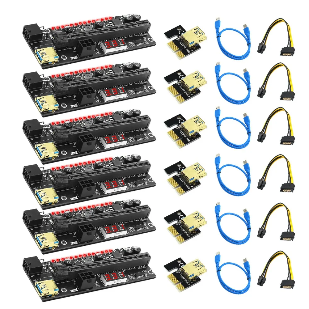 

6 шт. PCIE Riser 1X до 16X графическая карта расширения с цифровым дисплеем 3,3 В и светодиодный светодиодом 3528 для майнинга BTC