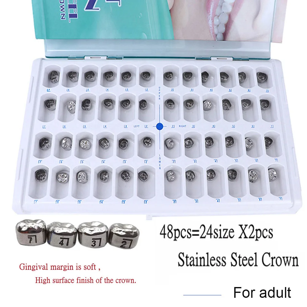 

48 /96Pcs Dental Adult Crown Primary Molar Stainless Steel Temporary Metal Crown Kit Refill Denta Lab Teeth Whitening Tools