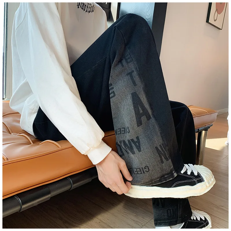 DEEPTOWN Vintage Letter Jeans for Men Hip Hop Straight Denim Pants Man Loose Casual Trousers Male Streetwear Clothes Oversize
