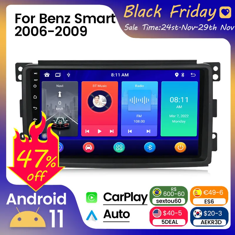 

Android Headunit Car Radio For Mercedes Benz Smart fortwo 2006-2015 Stereo Multimedia Player Carplay+Auto WIFI RDS NO dvd 2DIN