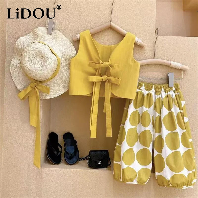 

Summer Sweet Polka Dot Pastoral Fashion Girl's Suit Kawaii Pullover Top Backless Vest Knickerbockers Children's Two Piece Set