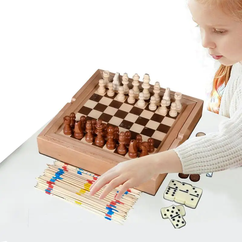 

Chess And Checkers Game Set Magnetic Wooden Chess And Checkers Set 5 In 1 Checkers Set With Storage Drawer Board Games For Kids