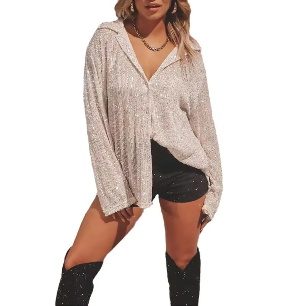 Женская весенняя модная повседневная свободная футболка с блестками и