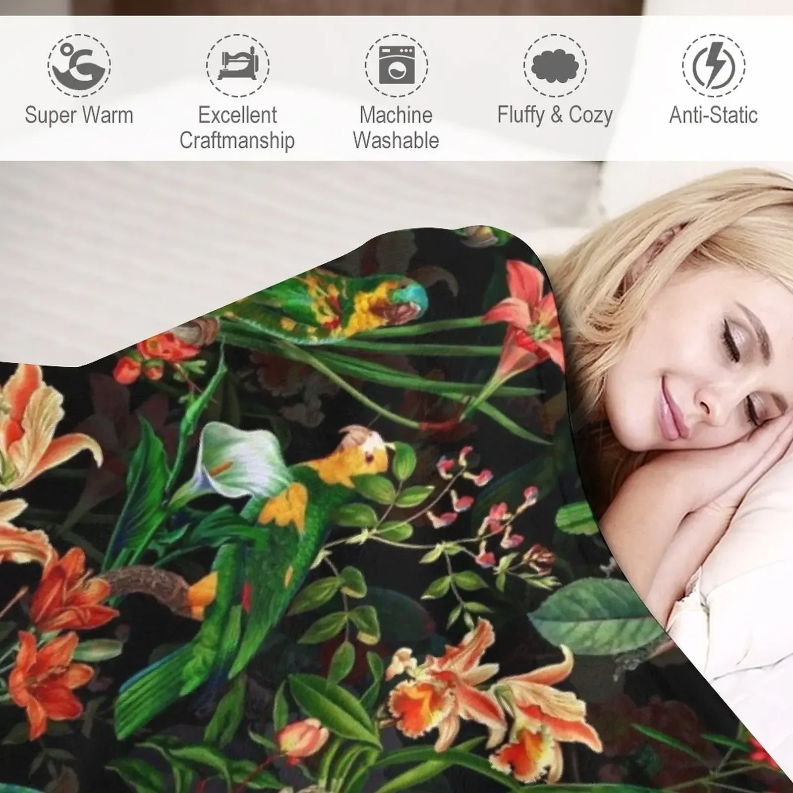 Одеяло бесшовное в тропическом стиле с цветами и попугаями