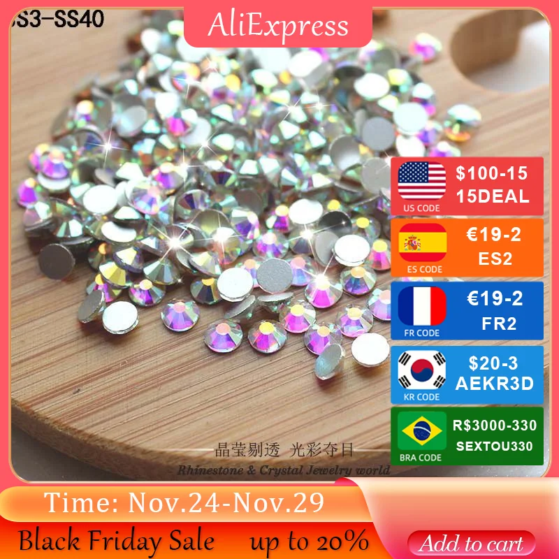 

QIAO Glitter Rhinestones Crystal AB SS3-SS50 Non Hot Fix FlatBack Strass Sewing & Fabric Garment Rhinestone Nail Art Stone