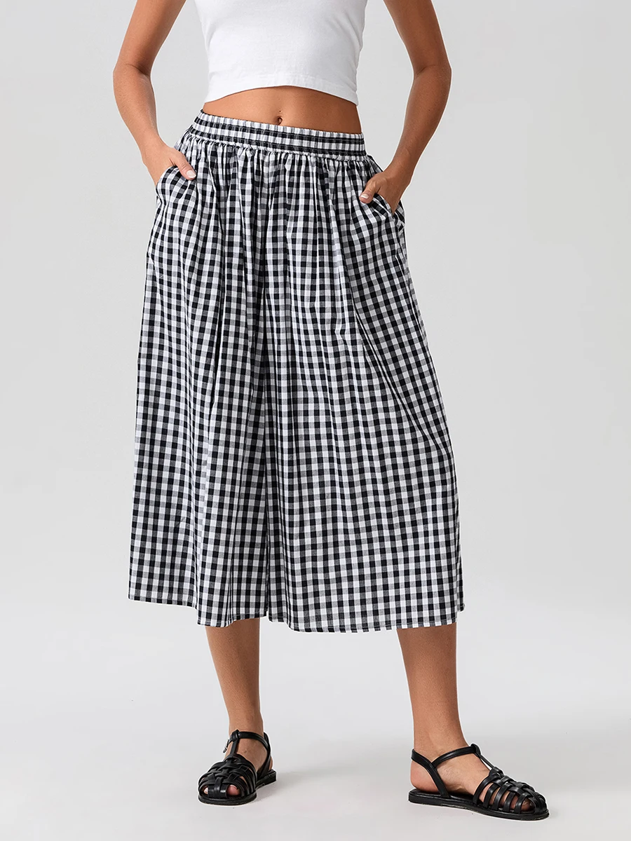 Женские клетчатые Капри брюки-Капри с эластичным поясом и широкими штанинами
