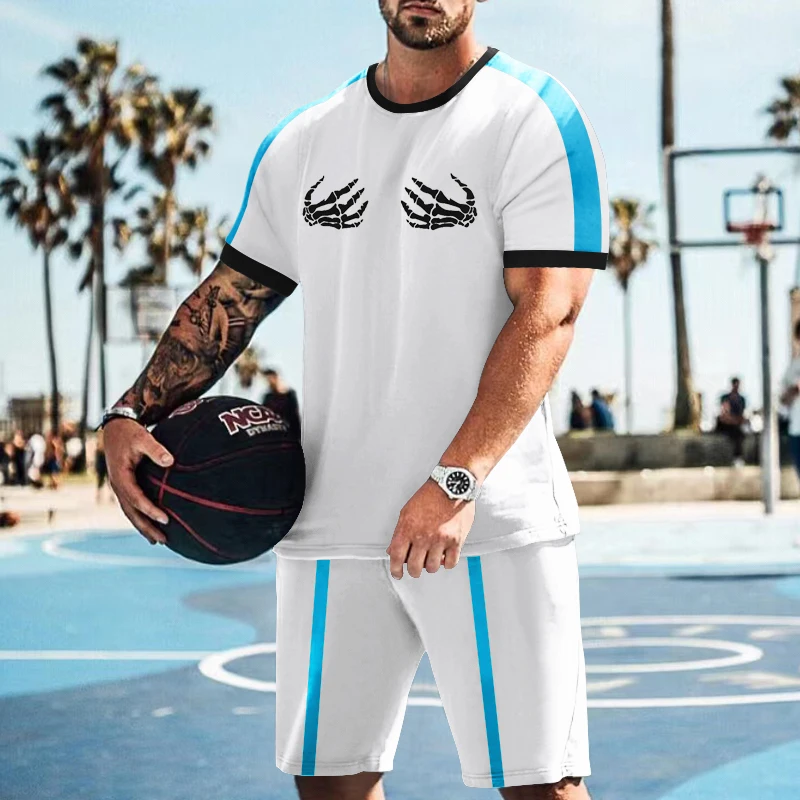 Men's Summer Color Matching Round Neck Top Personalized Printing Casual Sports Short Sleeves + Fitness Shorts