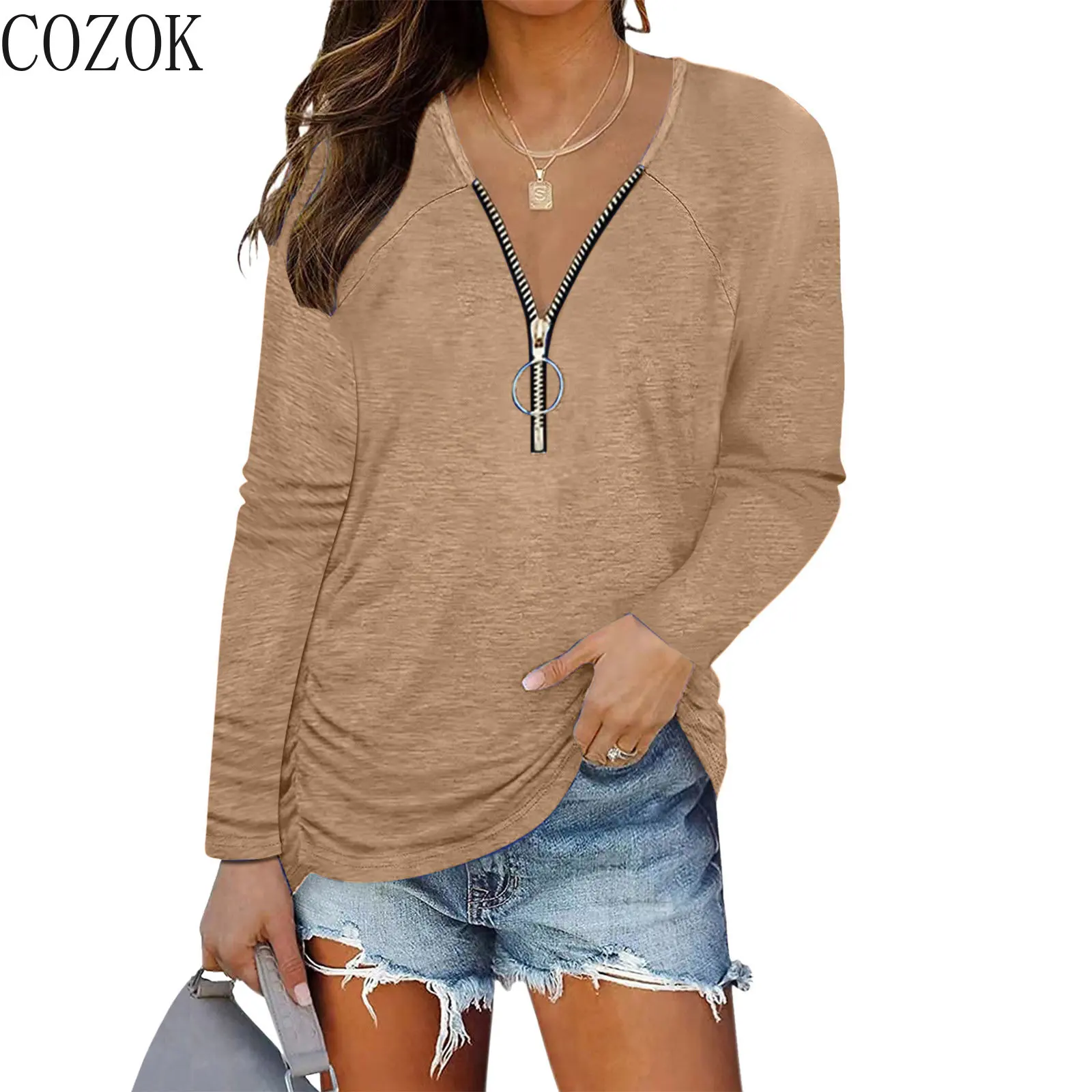 

European and American Women's Clothing 2022 Autumn New Chest Zipper Pleating Casual Long Sleeve T-shirt Top for Women