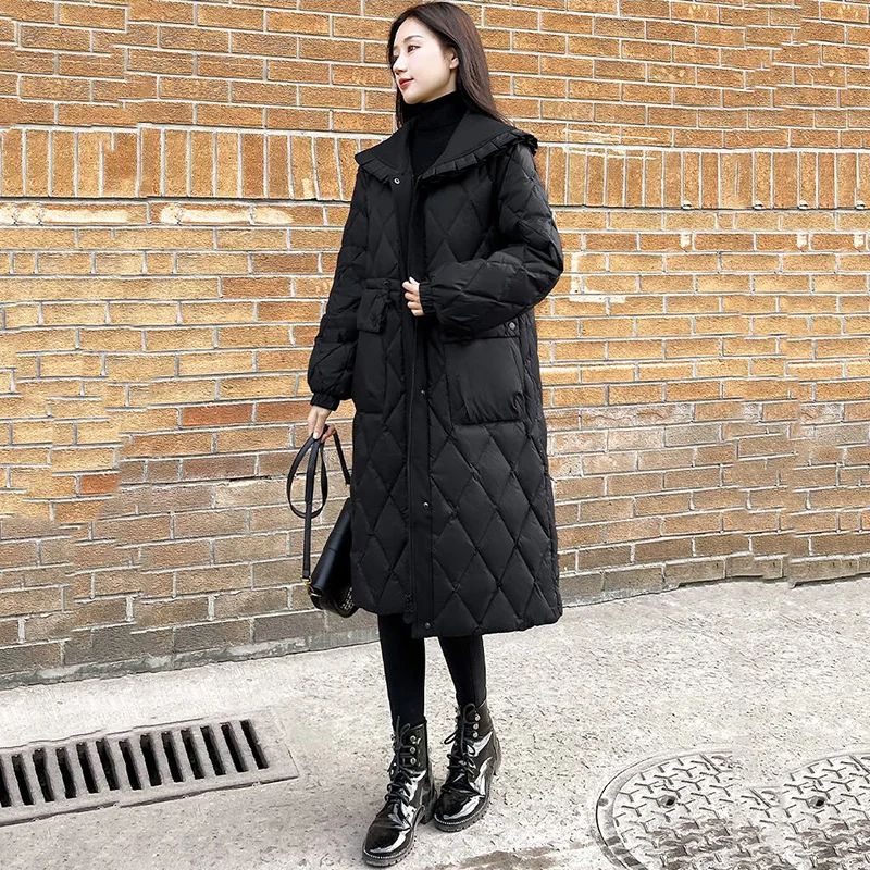 

Новая приталенная хлопковая куртка с поясом средней длины, женская утепленная черная приталенная хлопковая куртка с кукольным воротником