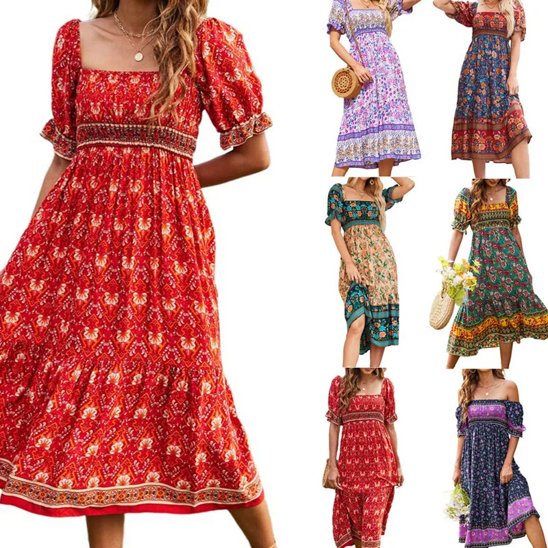 

Women Summer Bohemian Dress, Short Sleeve Pleated Chest Floral Pattern Boho Style Dress Holiday Wear