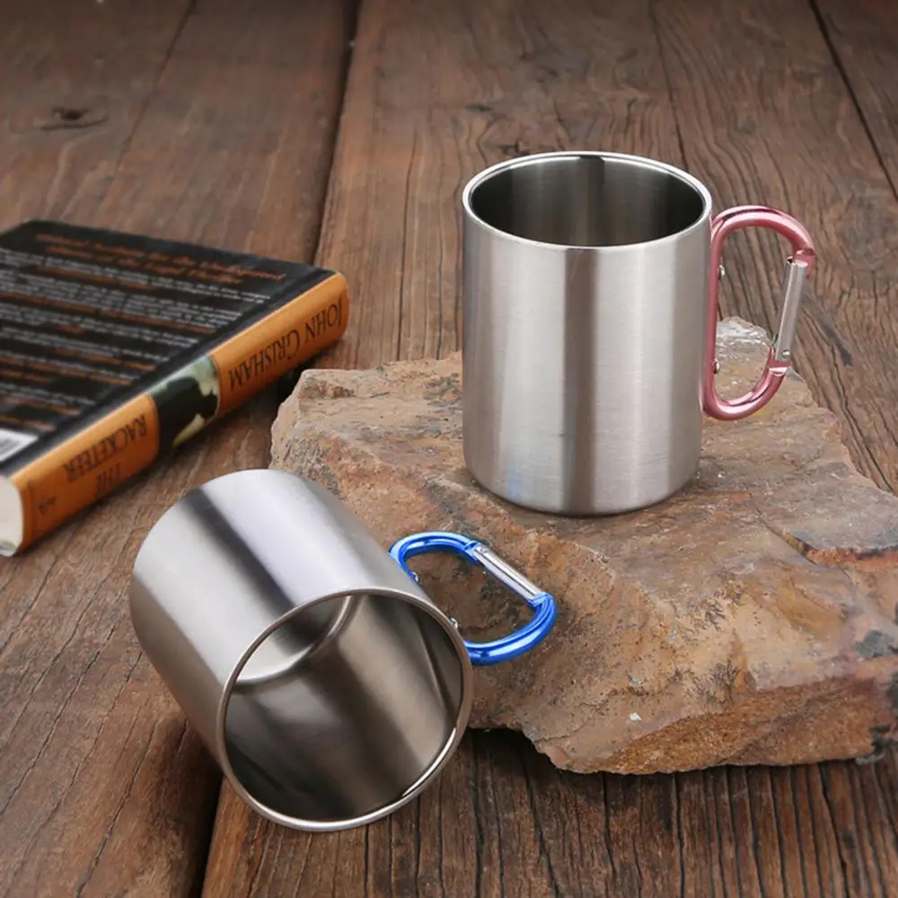 

360ml Portable Outdoor Stainless Steel Water Cup Coffee Tea Mug with Carabiner Hook Handle Travel Mug Hiking Portable Cups