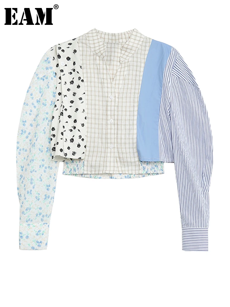 

[EAM] Женская клетчатая полосатая блузка большого размера, новая свободная рубашка с отворотом и длинным рукавом, модная весенне-осенняя 2022 ...