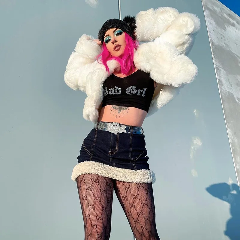 

Cute Fashion Y2K Patchwork Fake Lambswool Trim Denim Skirts 2000s Streetwear High Waist Pockets Black Mini Skirt E-girl