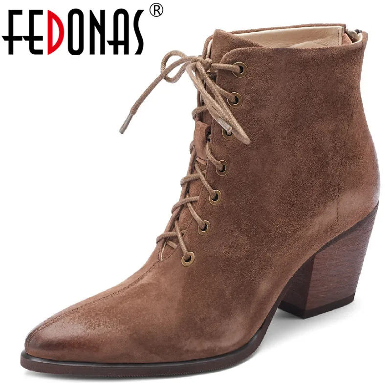 

Женские сапоги до колена FEDONAS, винтажные офисные сапоги из натуральной кожи на толстом каблуке с острым носком и перекрестной шнуровкой, сез...