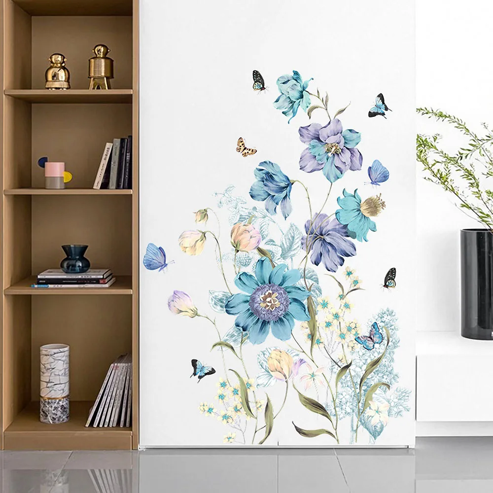 

1Pc Painted Blue Flower Butterfly Wall Sticker Living Room Bedroom Background Self-adhesive Wallpaper Home Decoration