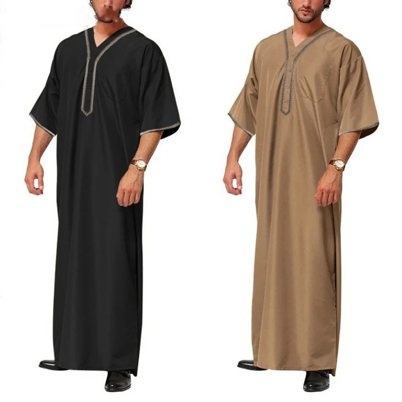 Islamic Clothes Arabic Kaftan Solid Color V Neck Muslim Robes Men Loose Casual Dubai Abaya Jubba Thobe 5XL Ramadan Husband Gift