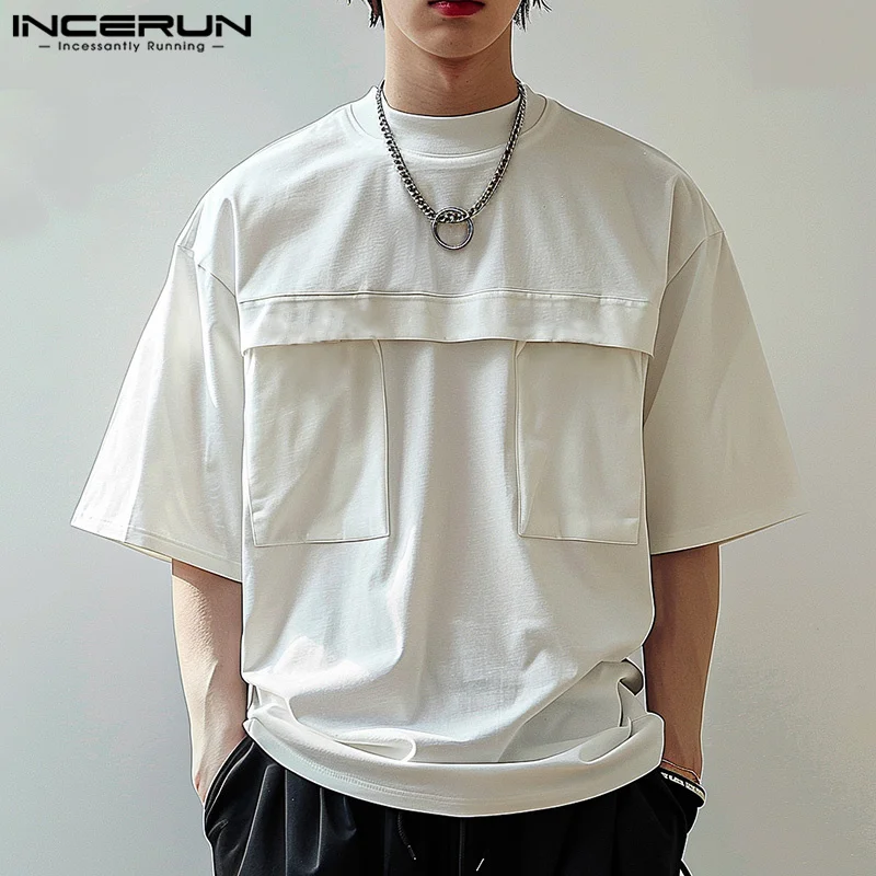 Футболка INCERUN мужская с круглым вырезом однотонная Повседневная Уличная одежда