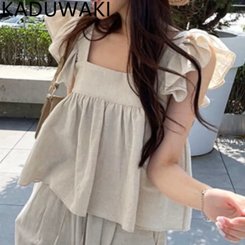 

Блузка Женская Офисная плиссированная с квадратным вырезом и короткими рукавами