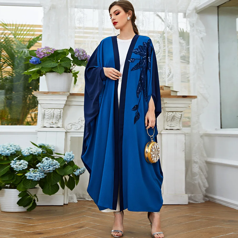 2022 Fashionable One Size Muslim Long Abaya Lake Blue Navy Patchwork Arabian Robe