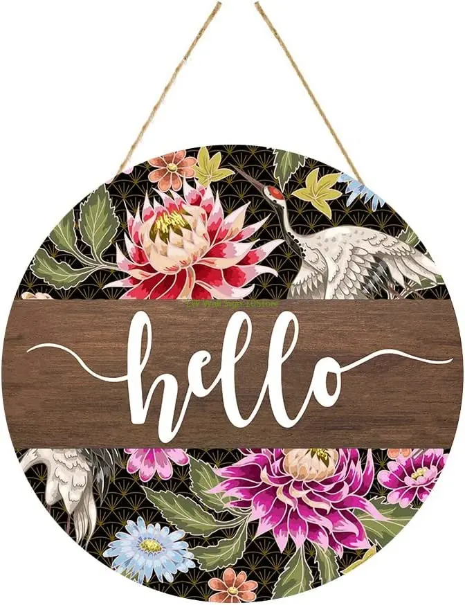 

Vintage Hello Flowers Wooden Hanging Sign Decor for Home Farmhouse Front Door Wall Indoor Outdoor Décor