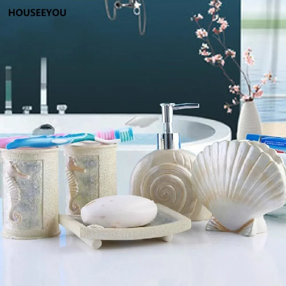 

New DIY Sea Shell Style Bathroom Accessories Set Toothbrush Holder Cup Lotion Dispenser Soap Dish Bath Suite Supplies 5Pcs/set