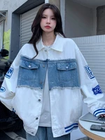 Denim Patchwork Print Coats Spring Autumn Korean All Match Jackets Long Sleeve Vintage Punk Gothic Turn Down Collar Y2k Clothes