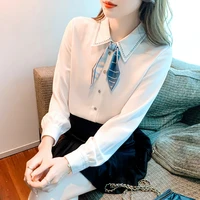 solid white bow tie silk scarf women shirt elegant spring 2022 long sleeve dropshipping office lady shirts for girls blouse top