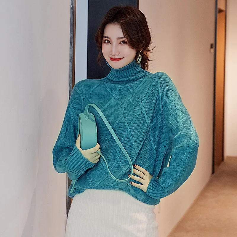 

2019 Autumn And Winter New Cashmere Wool High Collar Sweater Thick Pullover Lazy Loose Sweater Woman Knitting Primer Shirt