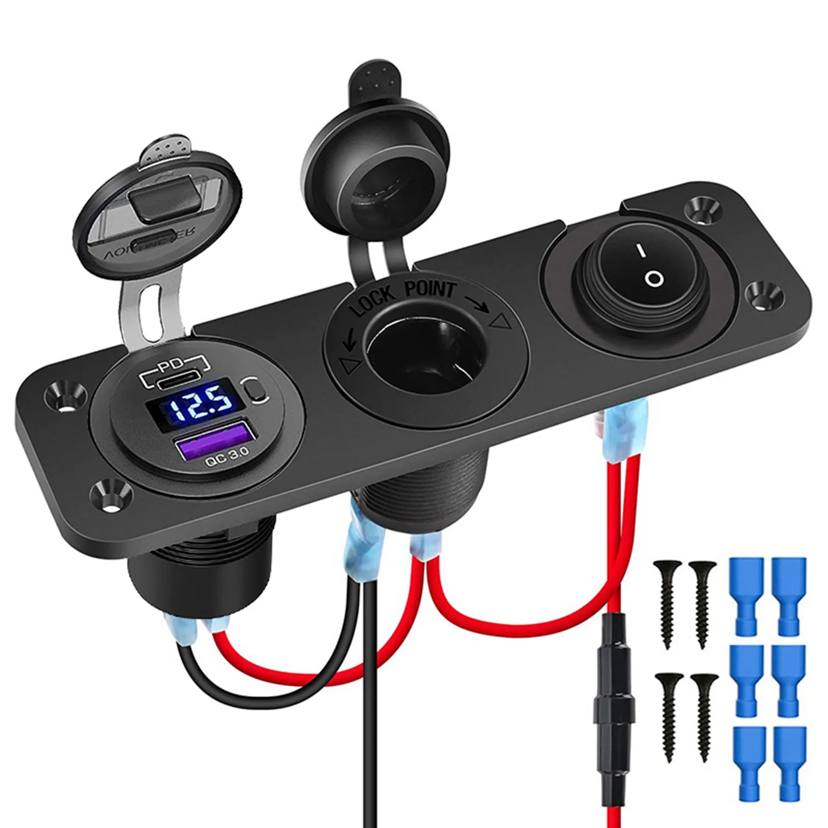 

Lighter Socket 12V/24V with Rocker Toggle Switch PD&QC3.0 USB C Outlet with LED Voltmeter Waterproof for Car Boat A