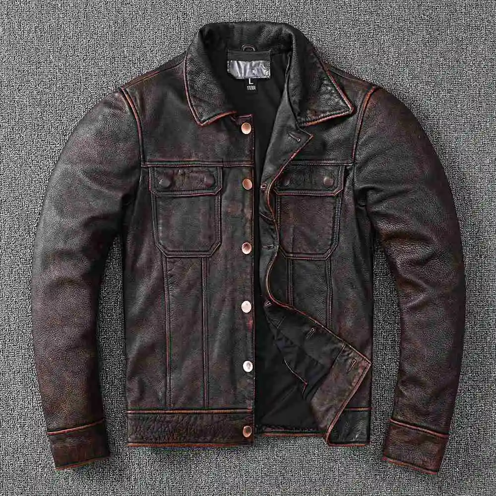 

Новинка 2023, винтажная коричневая рабочая одежда, стильная ковбойская куртка из натуральной кожи, мужская одежда в старинном стиле