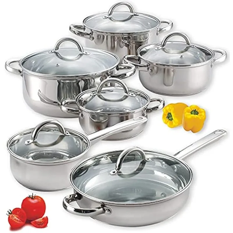 

Kitchen Cookware Sets, 12-Piece Basic Stainless Steel Pots and Pans, Silver