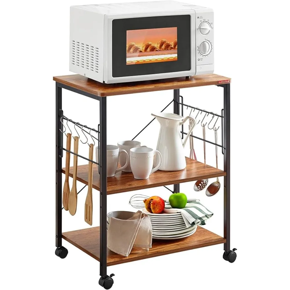 

3-Tier Rolling Utility Microwave Oven Rack on Wheels, Coffee Cart with Storage Bakers Rack with 10 Hooks, Vintage