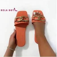 new summer flat sandals open toe slippers fashion chain womens shoes outdoor leisure casual square metal buckle bottom slippers
