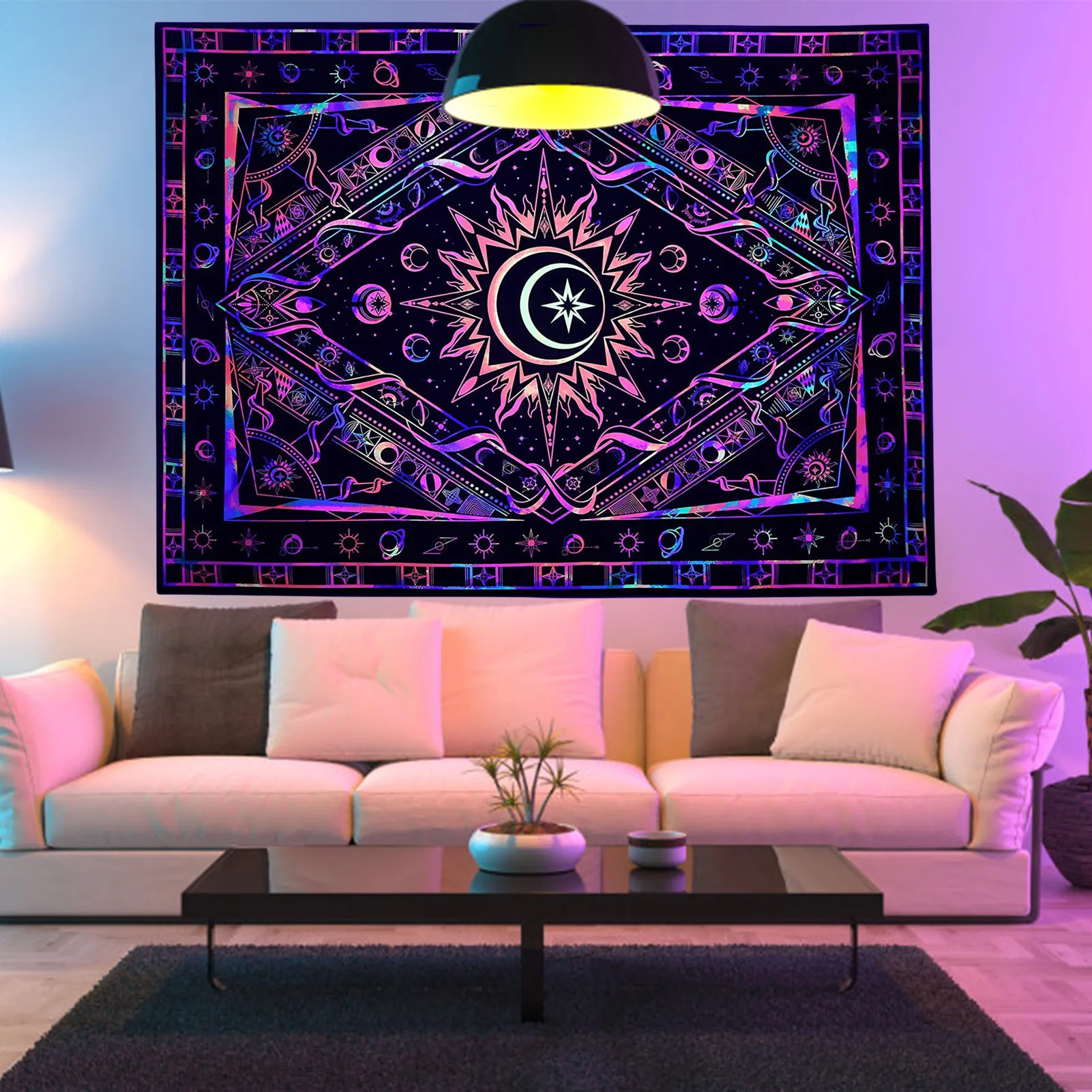 

Psychedelic Tapestry U V Reactive Burning Sun Tapestry Black Light U V Reactive Posters Print Blanket Home Art Wall Decor For