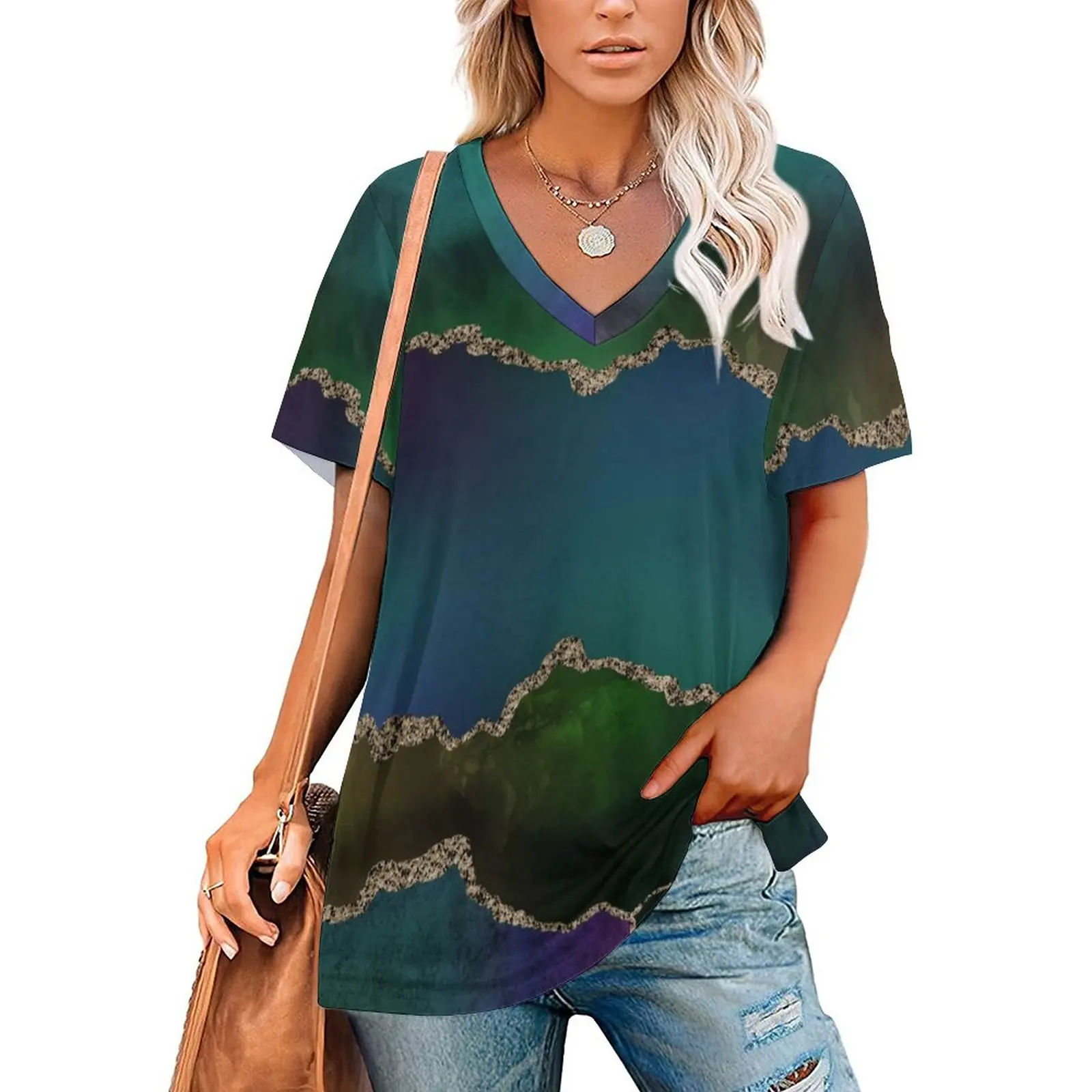 

Golden Marble T Shirt Edgy Agate Print Retro T-Shirts V Neck Short Sleeve Printed Tshirt Female Simple Top Tees Big Size