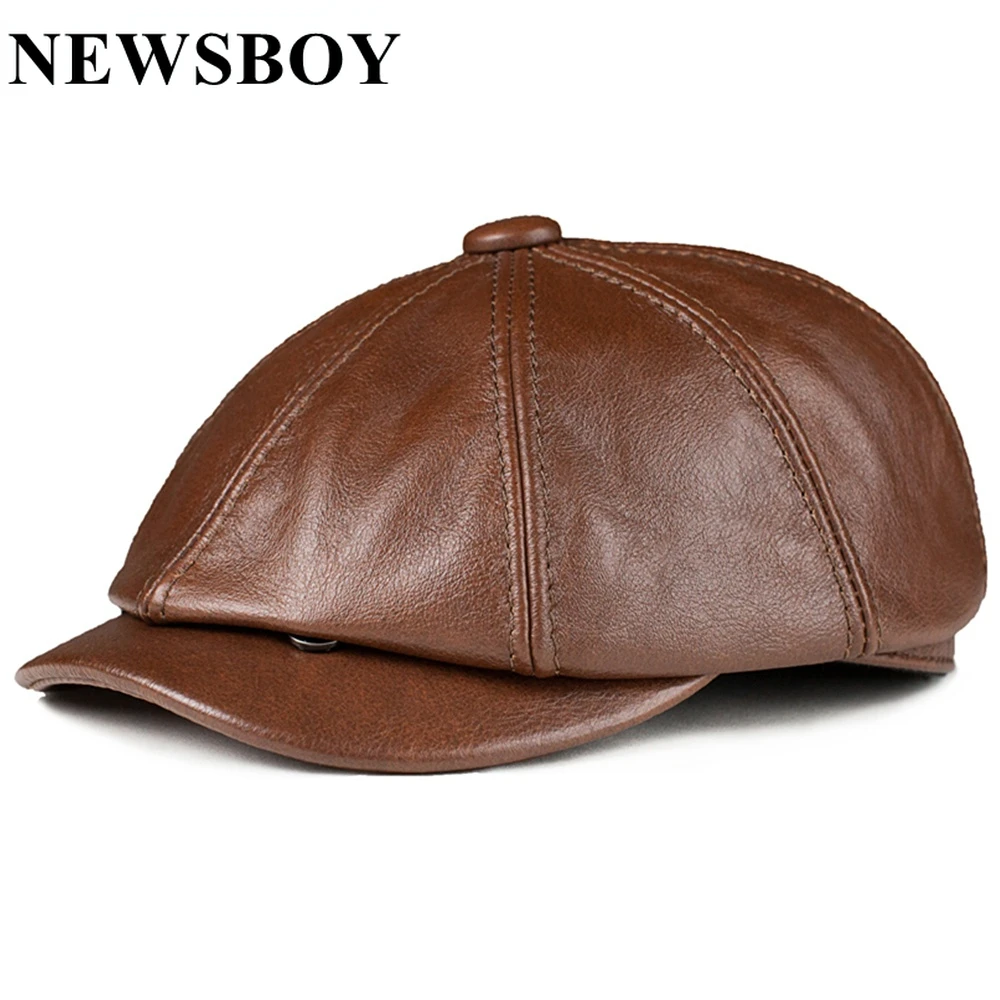 NEWSBOY Cap Large Size Real Leather Hars For Men Brown Genuine Cowskin Octagonal Hat Autumn Winter British Style Men's Beret