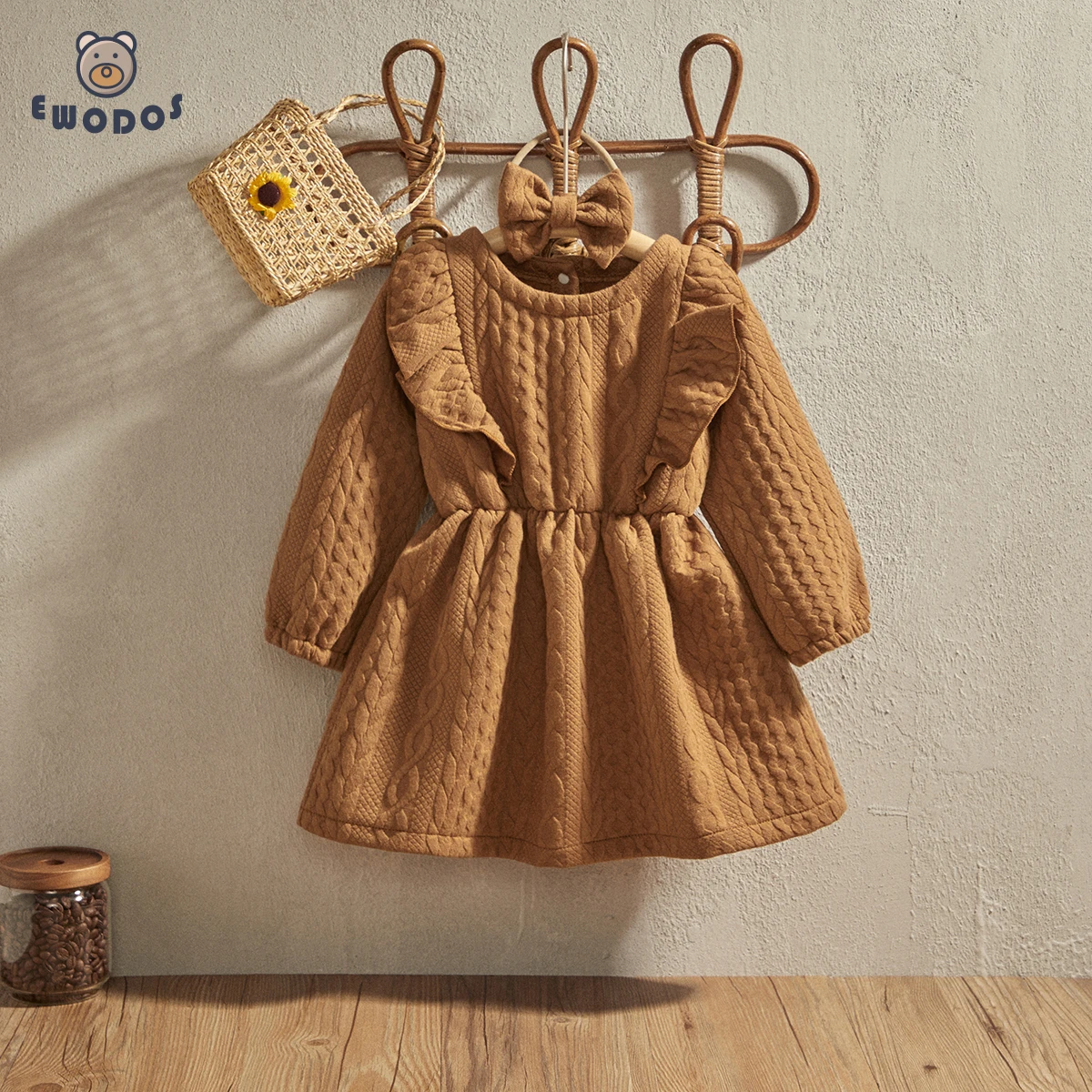 

EWODOS 0-4 Years Toddler Baby Girls Brown Jacquard Dress Spring Autumn Fashion Long Sleeve Dresses with Headdress Princess Dress