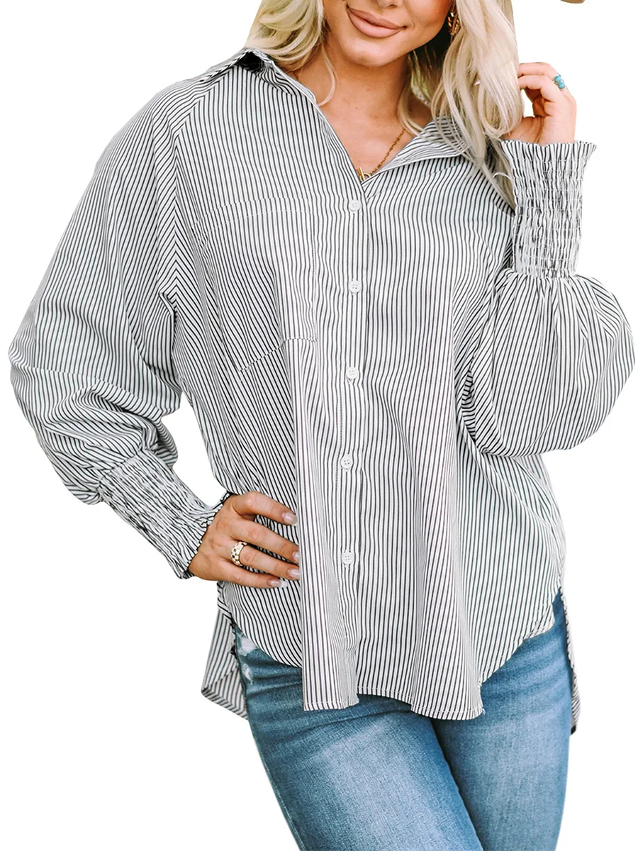 

Женская рубашка в полоску, с отложным воротником, пуговицами и рюшами