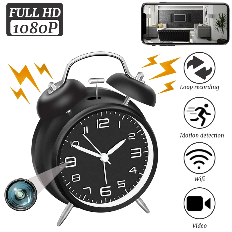

WiFi Metal Retro Alarm Clock Camera 1080P HD Mini Camera Wireless Alarm Clock Cam Night Vision Motion Detection Home Nanny Cam