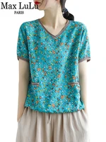 max lulu new summer clothing 2022 korean fashion style women vintage tee shirts ladies casual floral printed tshirts loose tops