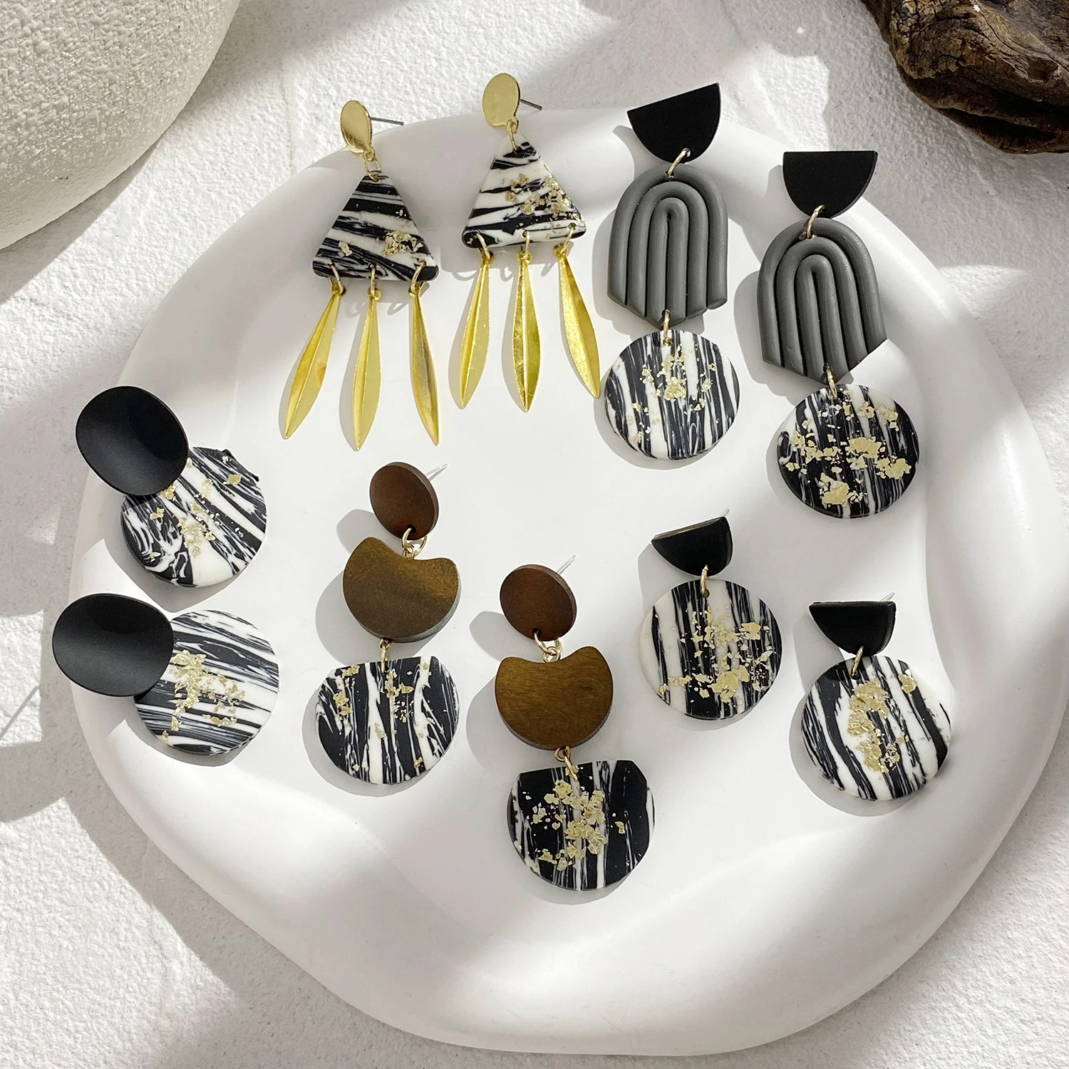 Lifefontier ретро деревянные серьги из полимерной глины для женщин ручная работа фольга граффити геометрические кисточки металлическая подвеска